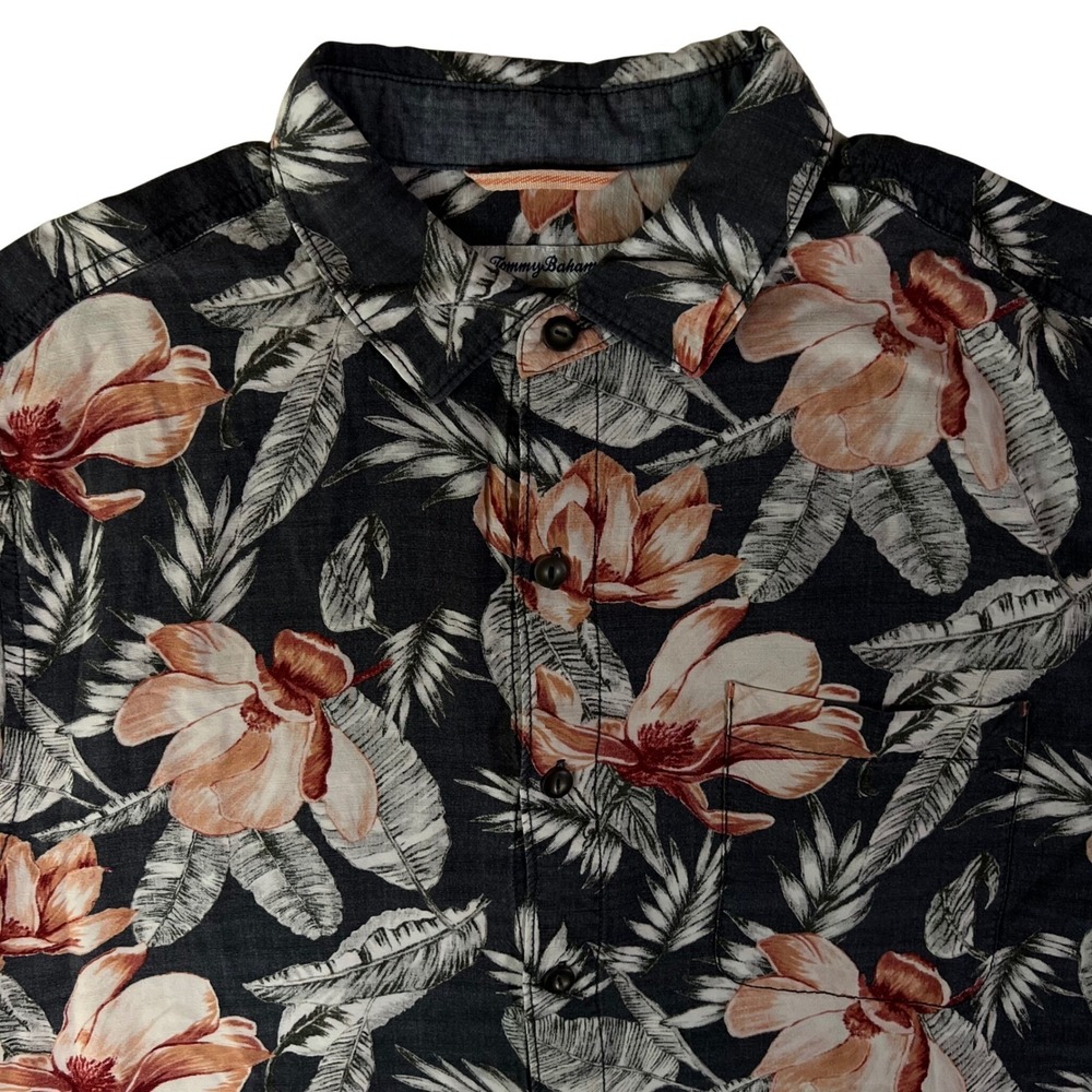 Tommy Bahama Button Down Shirt Mens Large Black Floral Tropical Ecovero Viscose